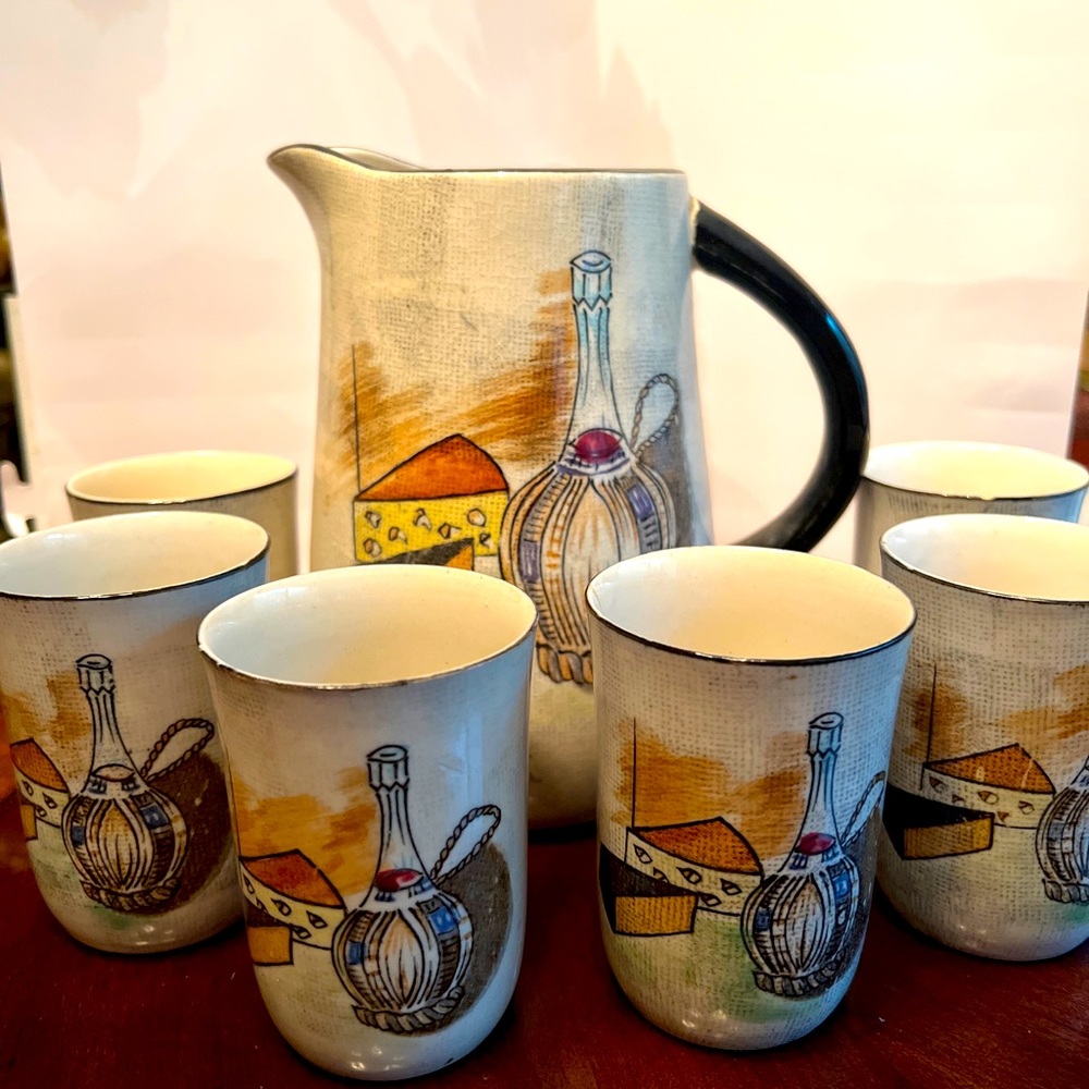 Capri by Royal Sealy Japan Ceramic Pitcher w/Six Glasses Vintage wine Cheese